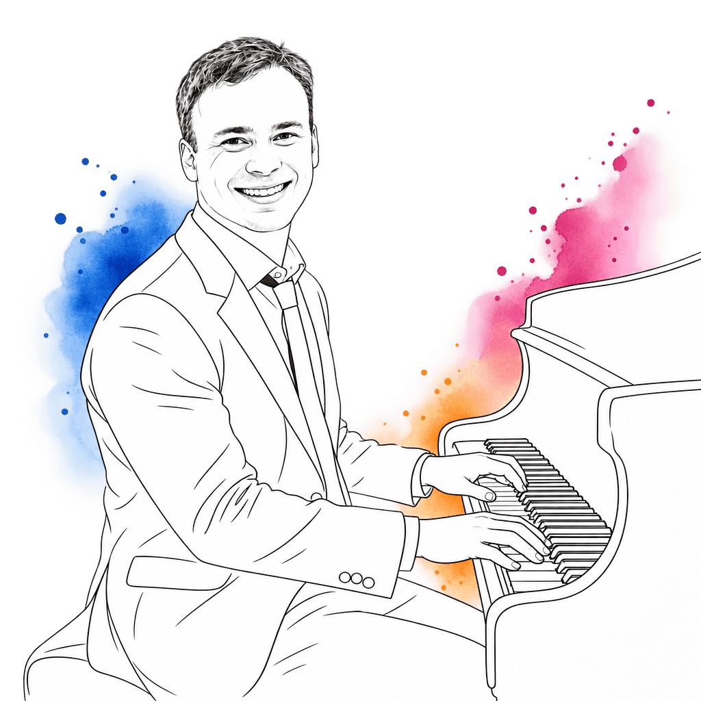 Line drawing of Justin Pincar smiling at a grand piano, hands on the keys, with washes of blue, rose and orange watercolour
