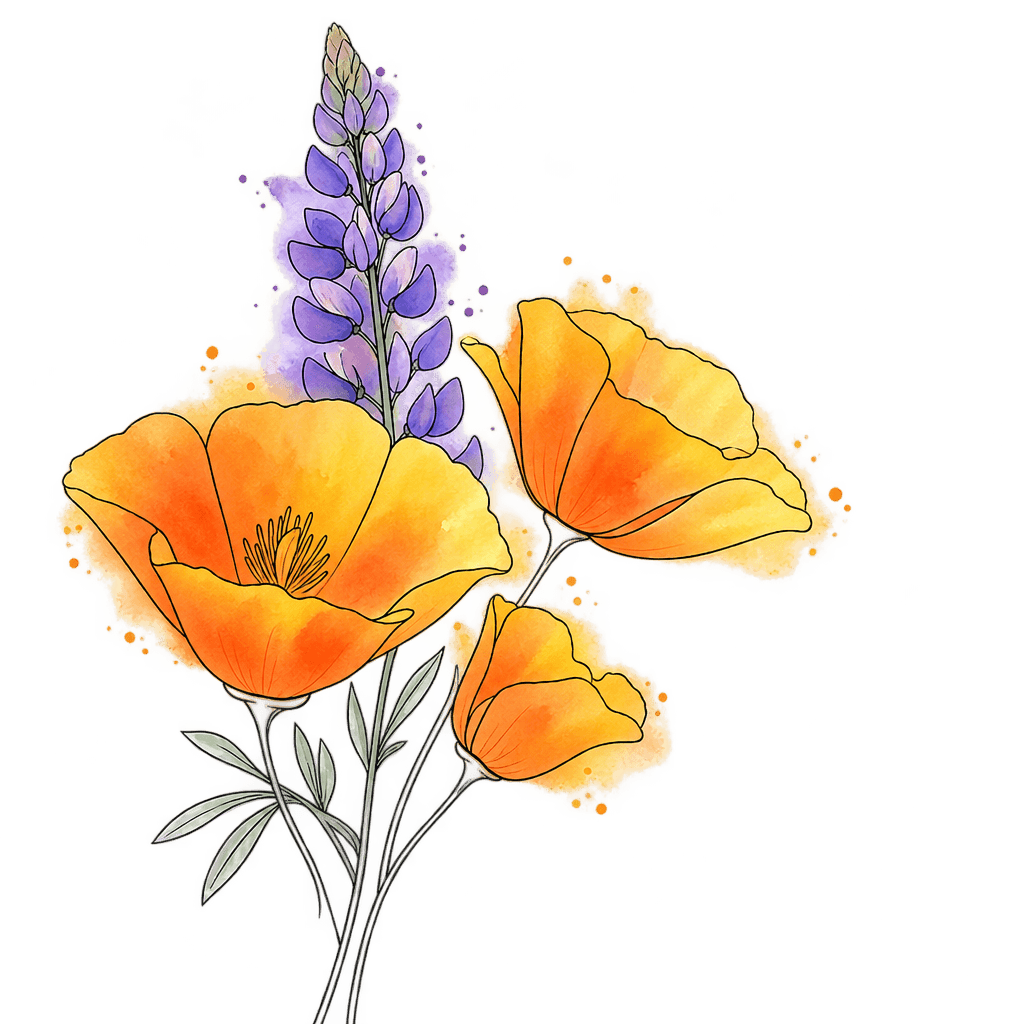 Ink line drawing of California poppies and a lupine spike, with orange, yellow and violet watercolour